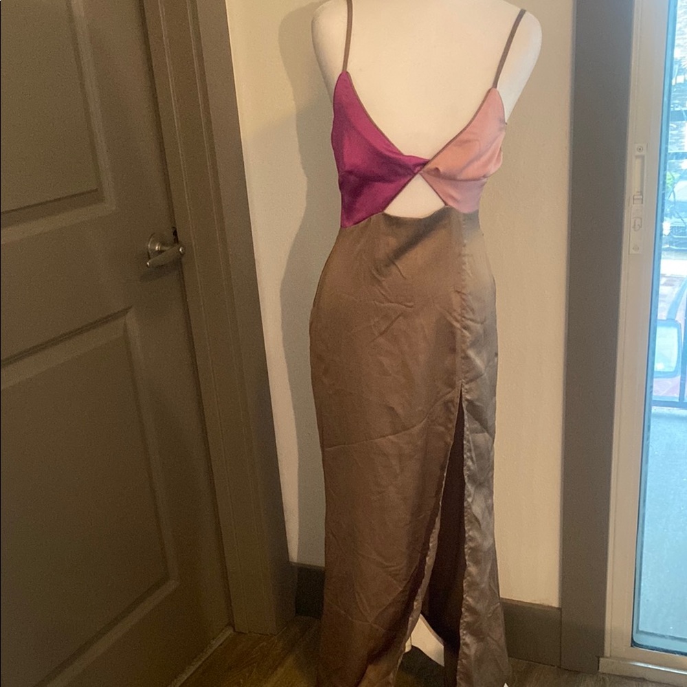 Saint Genies Elegant Pink and Brown Satin Dress With High Slit Sz 2